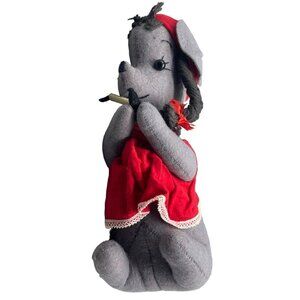 vtg handmade gray mouse plush Christmas toy decor night gown candle 10" READ